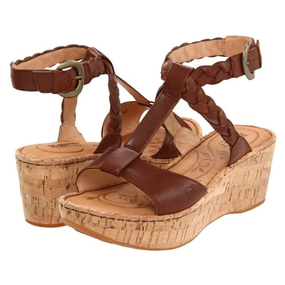 Born Laurene In Saddle Brown Braided Leather Cork Wedge Sandals Size 9 - Picture 1 of 10